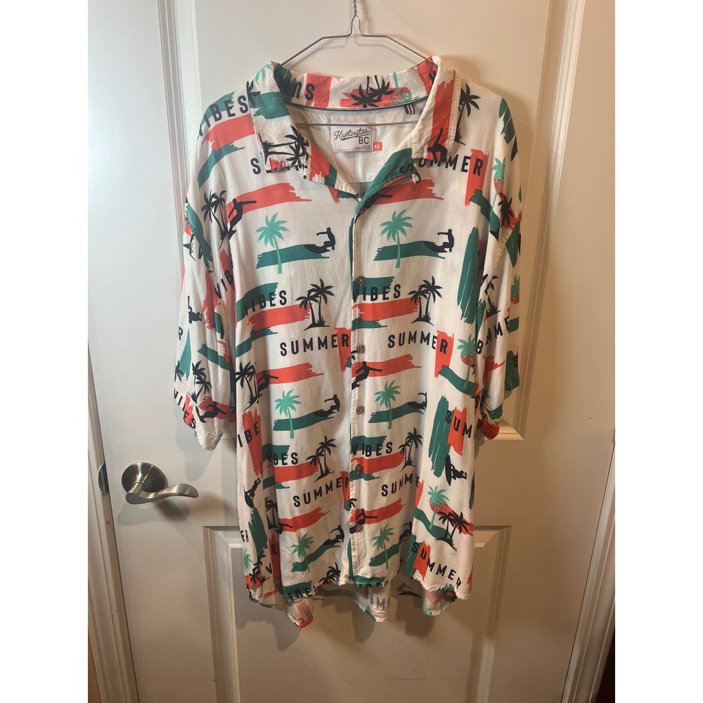 Huntington BC Mens Button Down Shirt Tropical Summer Vibes White 4X